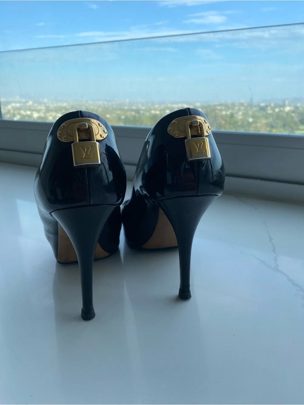 Louis Vuitton Black Patent Leather Gold Lock Stiletto Heels